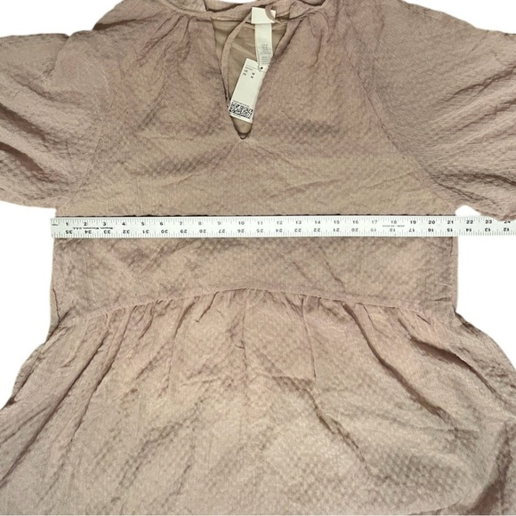 H&M Beige Shift Dress Balloon Sleeve Lined Crepe Chiffon V-neck Short sz M - Picture 4 of 9